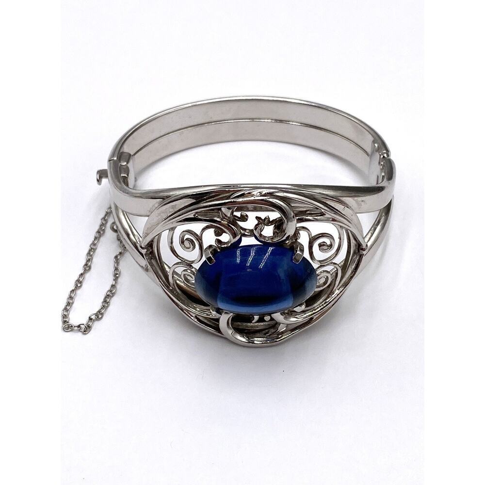 Whiting Davis Bracelet Cuff Silver Tone Blue Glass Safety Chain Vintage 6.75”